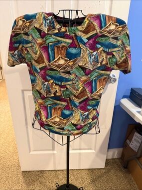 Vintage Che Studio Book Print Short Sleeve Blouse Medium Librarian Teacher